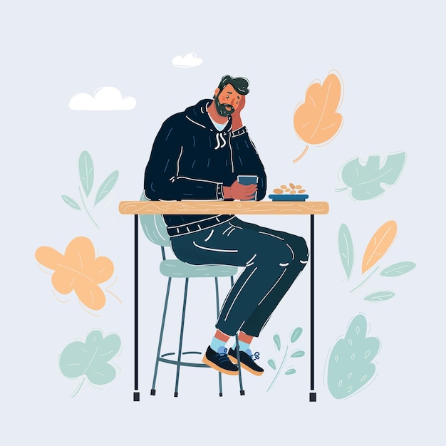 Cartoon vector illustration of Depressed Young sad man sitting at the Table in cafe on white background