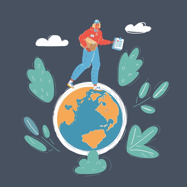 Cartoon vector illustration of Female courier delivering a parcel in an international transport context Woman walk on earth globe on dark background