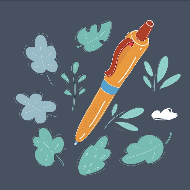 Cartoon vector illustration of hand drawn pen on dark background