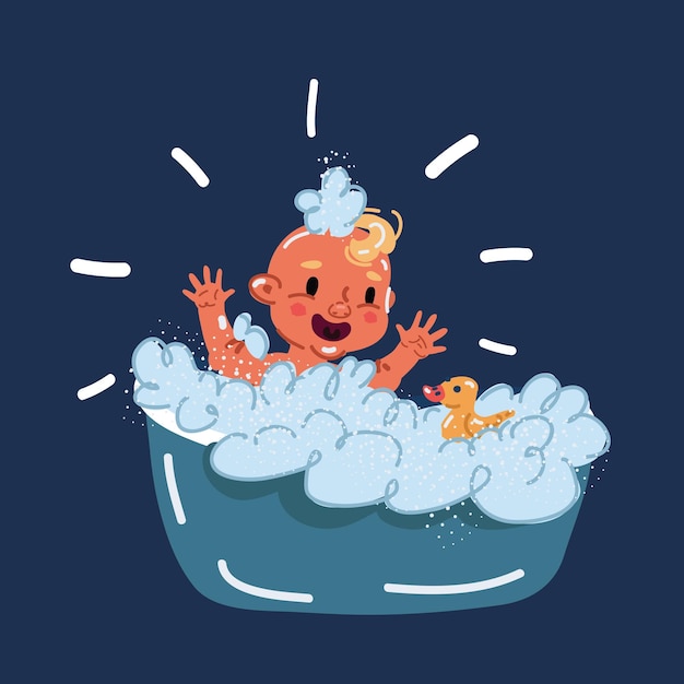 Vector cartoon vector illustration of kid boy bath wash over dark backround