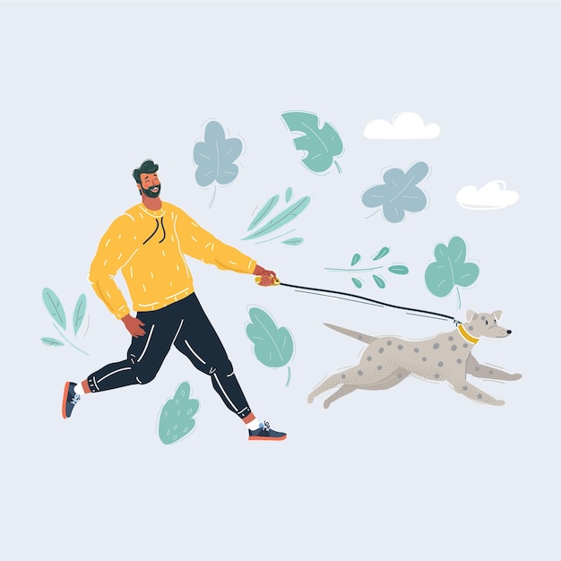 Cartoon vector illustration of man run with his dog through the park