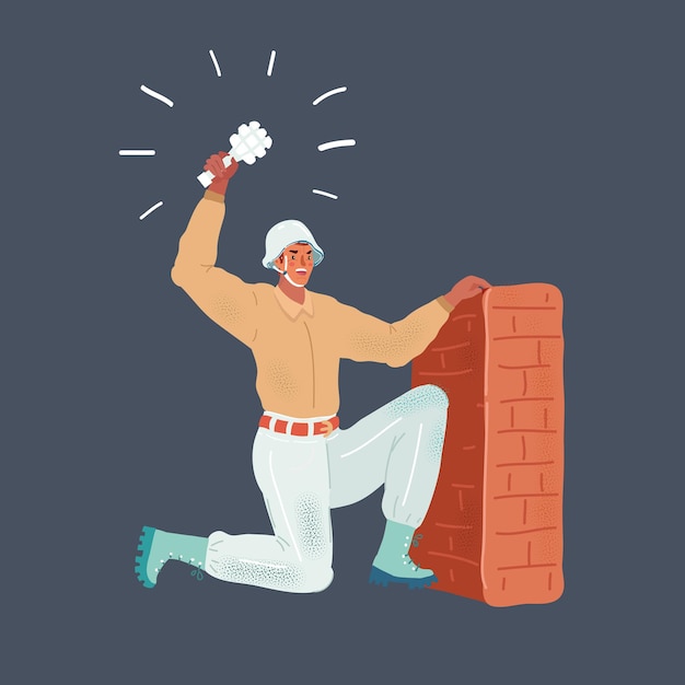 Cartoon vector illustration of man throwing grenade from entrenchment wall