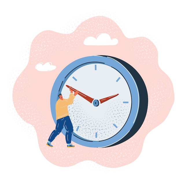 Vector cartoon vector illustration of man trying to stop time stopping minute on a big clock immortality and business deadline concept