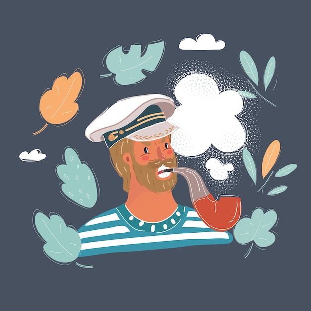 Cartoon vector illustration of old seaman Young man wearing in sail cap and smoke tobbaco pipe Male captain concept