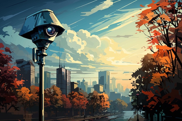 cartoon vector illustration of Outdoor surveillance camera with wideangle lens overlooking busy city