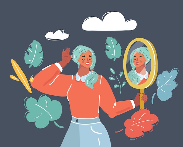 Vector cartoon vector illustration of positive person looking at his own reflection in the mirror mirror shows handsome face self love confidence and concept human face on dark