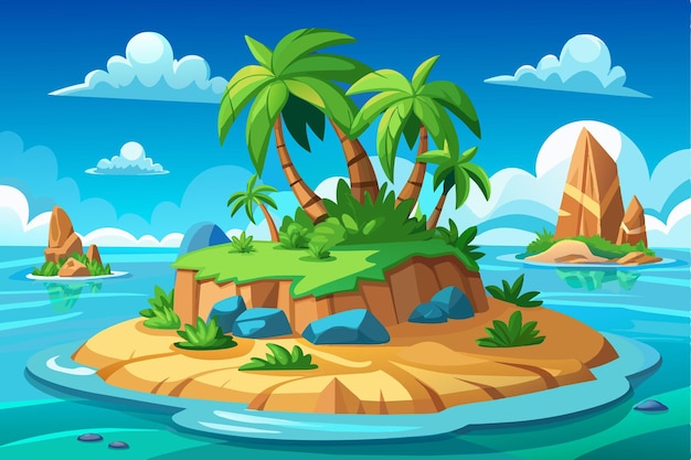 Vector cartoon vector illustration of a tropical island paradise with palm trees