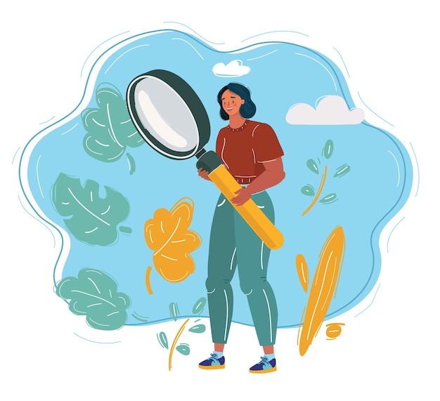 Cartoon vector illustration of woman analyst holding big giant magnifier glass Character conduct research