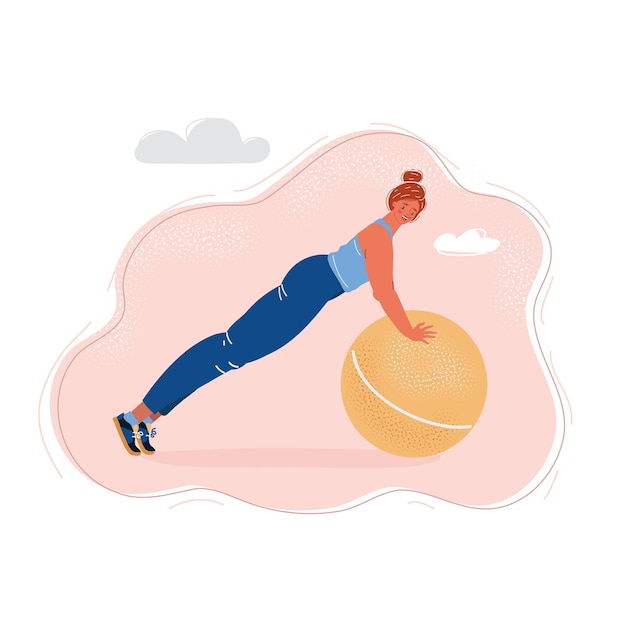 Cartoon vector illustration of woman doing fitness exercises with fit ball Sportswoman activities