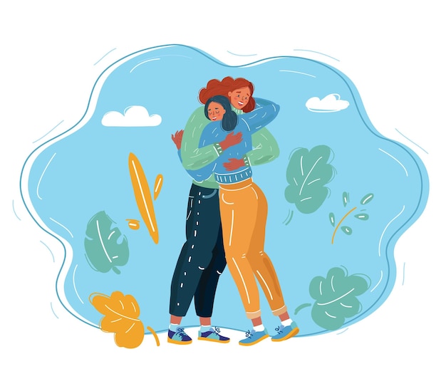 Cartoon vector illustration of woman hugging man with love