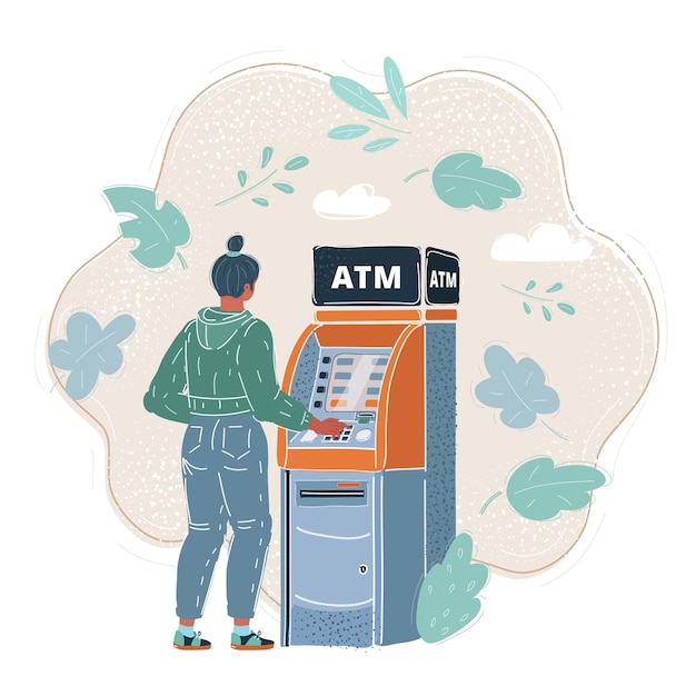 Vector cartoon vector illustration of woman withdrawing cash at atm