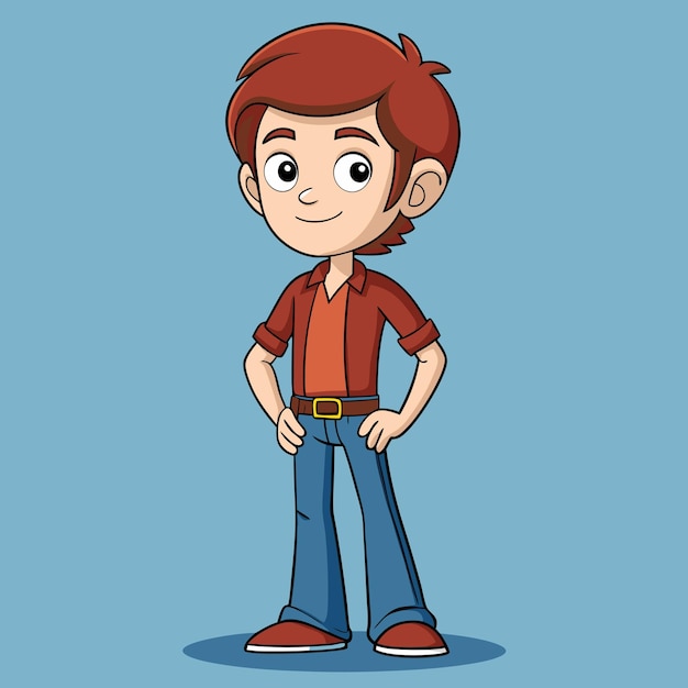 Cartoon Vector Illustration of Young Boy in Red Shirt and Sensual Bellbottom Jeans