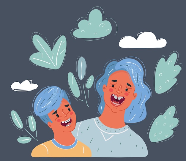 Cartoon vector illustration of A young mother mother jokes with her little son Laughing people Human faces on dark background