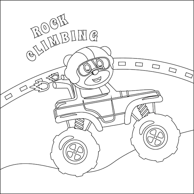 Cartoon vector of monster truck with little animal driver colouring book or page