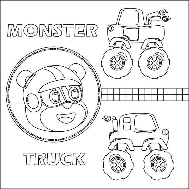 Cartoon vector of monster truck with little driver hand drawn vector illustration Cartoon isolated