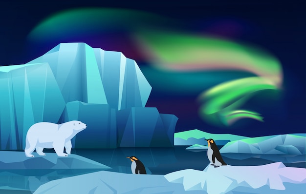 Cartoon vector nature winter arctic ice landscape with iceberg, snow mountains hills. Polar night with aurora borealis northen lights. White Bear and penguins