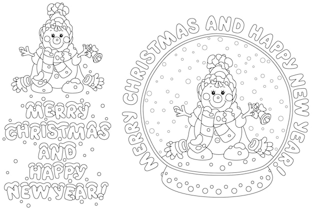 Cartoon vector set of Christmas and New Year greeting cards with a happy little snowman