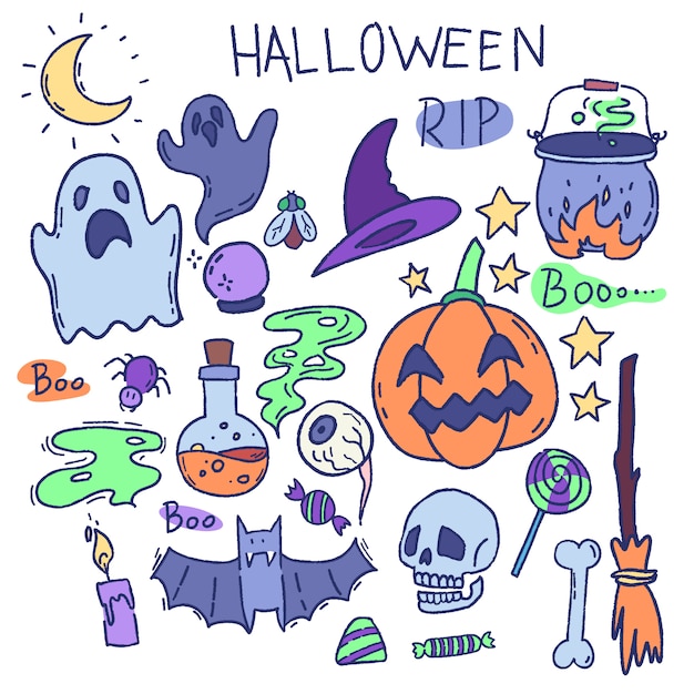 Cartoon vector set Halloween elements. Ghost, skull, pumpkin 