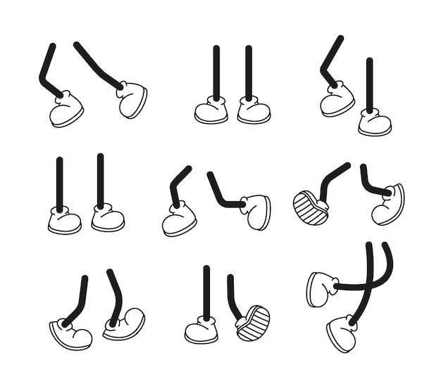 Cartoon vector walking feet in trainers or sneakers on stick legs in various positions