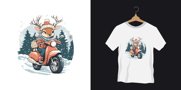 Cartoon vector Winter deer riding a motorcycle tshirt design