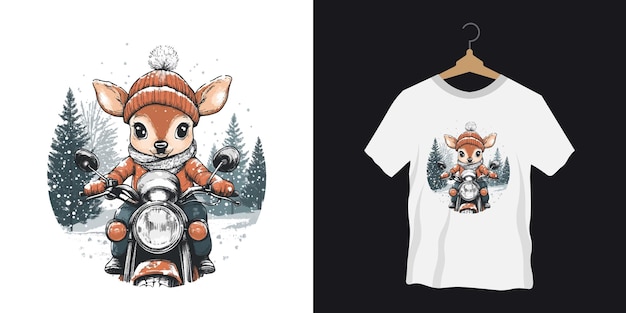 Cartoon vector Winter deer riding a motorcycle tshirt design