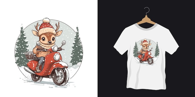 Cartoon vector Winter deer riding a motorcycle tshirt design