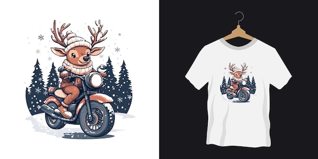 Cartoon vector Winter deer riding a motorcycle tshirt design