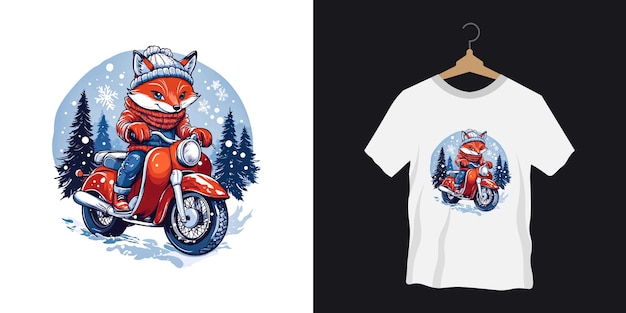 Cartoon vector Winter fox riding a motorcycle tshirt design