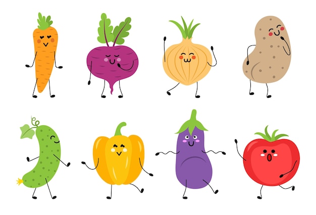 Cartoon vegetable characters collection Cute beetroot onion carrot pepper bell potato tomato cucumber eggplant Food set Vector illustration