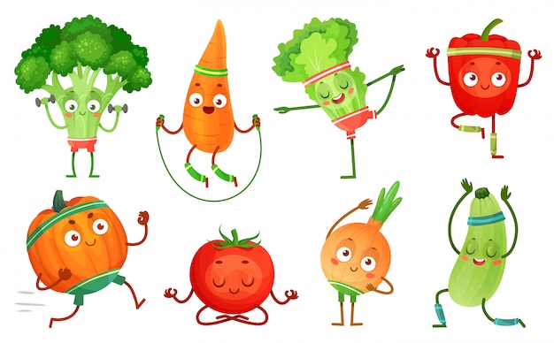 Cartoon vegetables fitness. Vegetable characters workout, healthy yoga exercises food and sport vegetables  illustration set