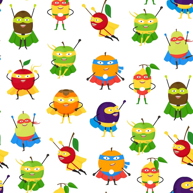 Cartoon Vegetables and Fruit Superhero Characters Seamless Pattern Background on a White Vegetarian Superpower Concept Element Flat Design Style Vector illustration of Icon Vegetable