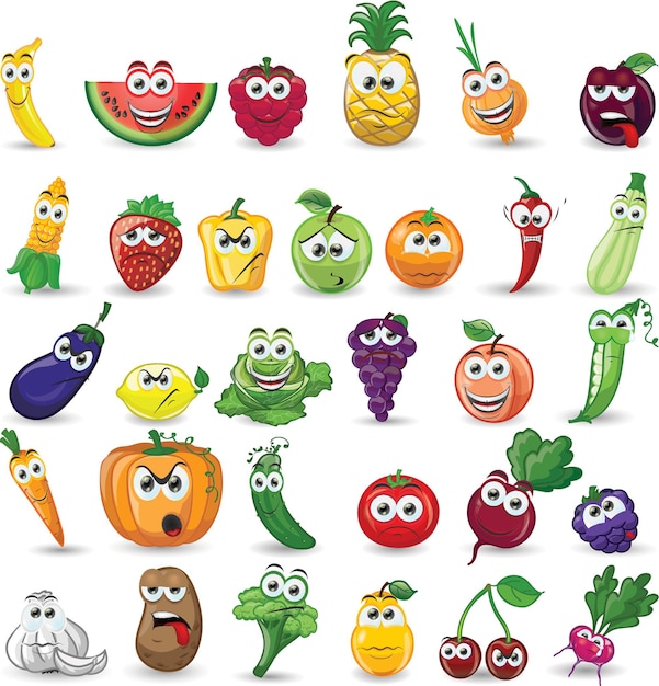 Cartoon vegetables and fruits with funny faces expretions