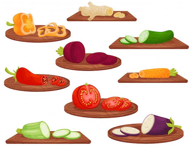 Cartoon vegetables on wooden cutting board on white background.