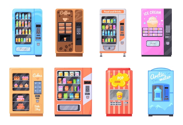 Cartoon vending machines Automatic snacks machine bubblegum candies food bar convenienc dispenser soda water drinks industry sell coffee beverage cartoon neat vector illustration