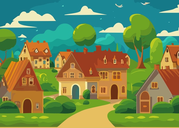 Cartoon village landscape with houses and trees Vector illustration in flat style