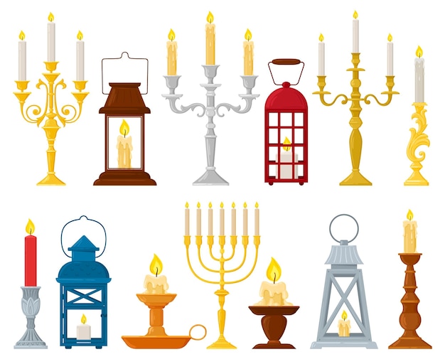 Cartoon vintage candlesticks, lamps, candle holders and candelabra. Retro candlesticks, medieval decorative hand lanterns vector illustration set. Ancient candle holders