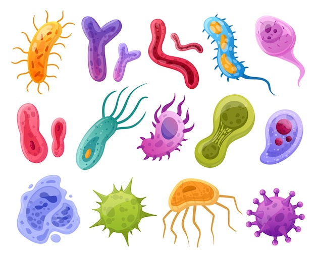 Vector cartoon viruses bacteria and microbes microorganism germs flat vector symbols illustration set