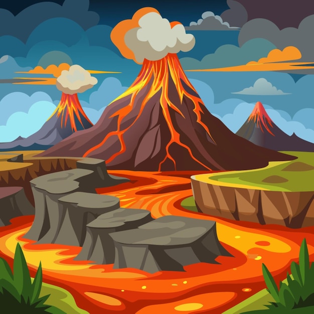 Vector a cartoon of a volcano with a red hot lava in the background