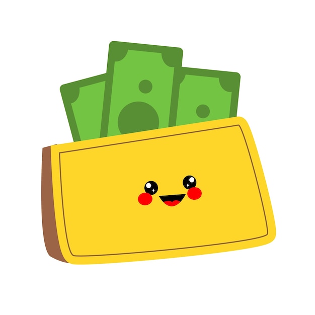 Cartoon wallet character with dollars cute face