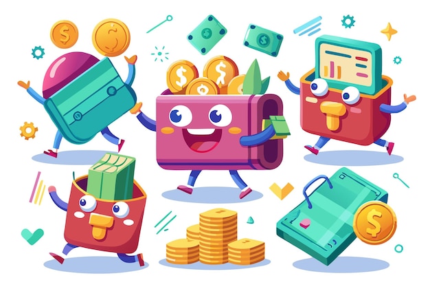 Vector cartoon wallets holding money and celebrating