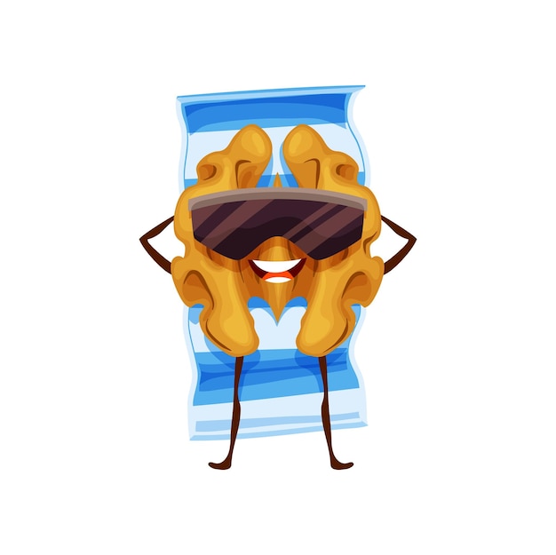 Cartoon walnut in sunglasses on beach mat summer