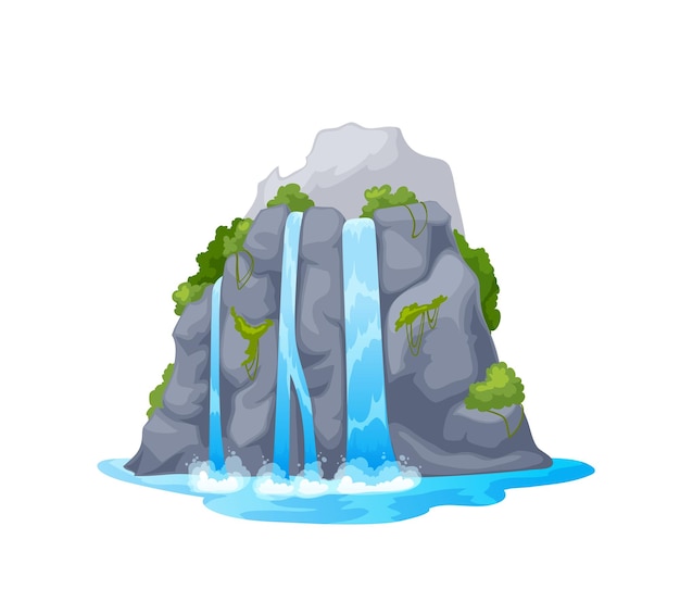 Cartoon water cascade isolated mountain waterfall