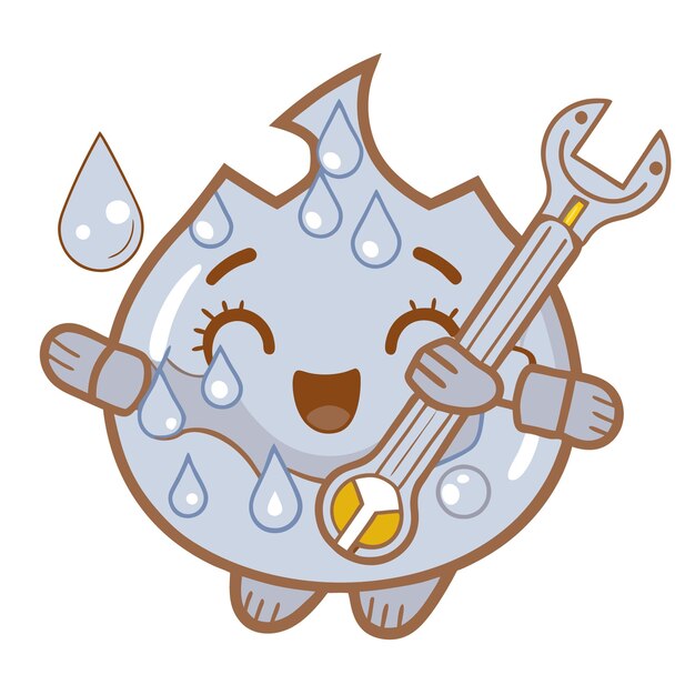 Vector cartoon water drop character holding a wrench and smiling