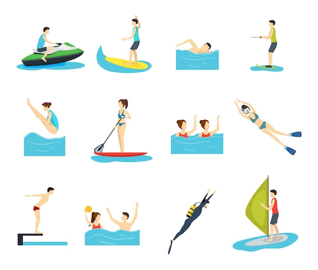 Cartoon Water Sport and Characters People Set Activity Concept Element Flat Design Style Vector illustration of Man and Woman