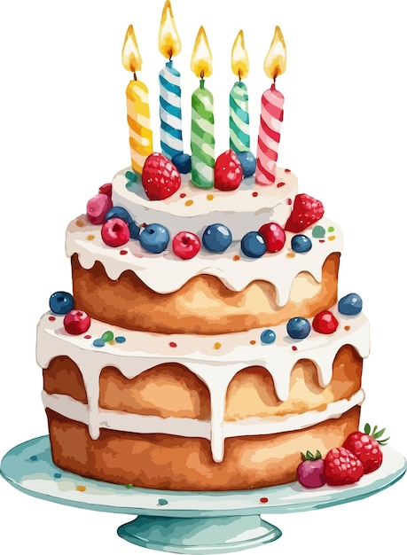 Vector cartoon watercolor birthday cake clipart