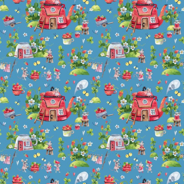 Cartoon, watercolor, seamless pattern with strawberry plants, strawberry flowers and berries, fairy