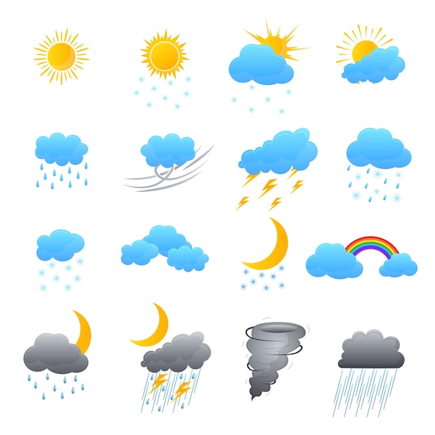 Cartoon Weather Color Icons Set Meteorology Forecast Concept for Web Design Flat Style