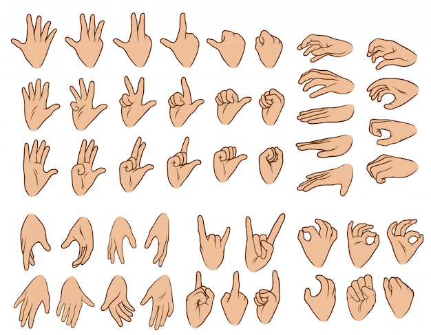 Vector cartoon white human hands big set