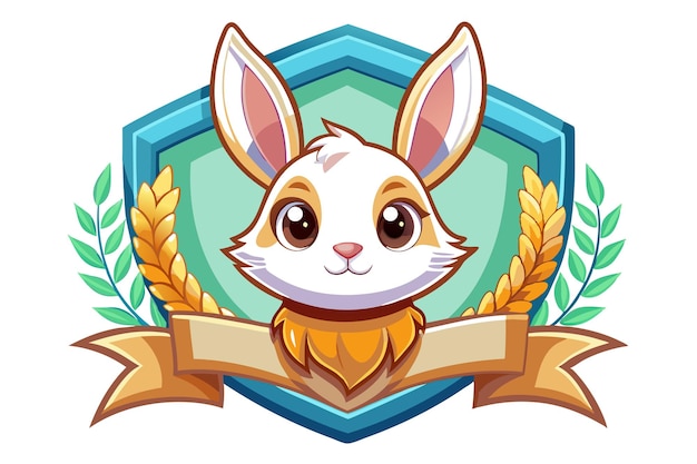 Cartoon White Rabbit with Golden Ribbon and Wheat Sprigs