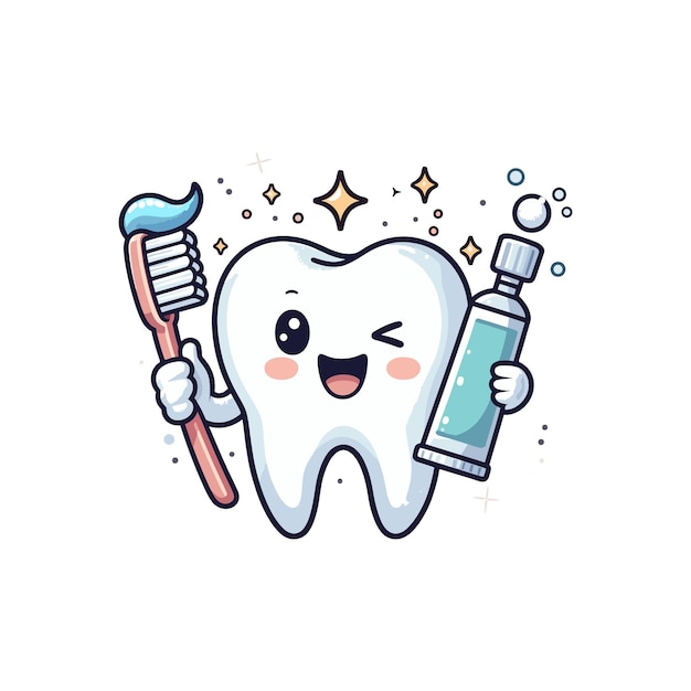 A cartoon white tooth with toothpaste and a toothbrush and a cheeky wink vector illustration